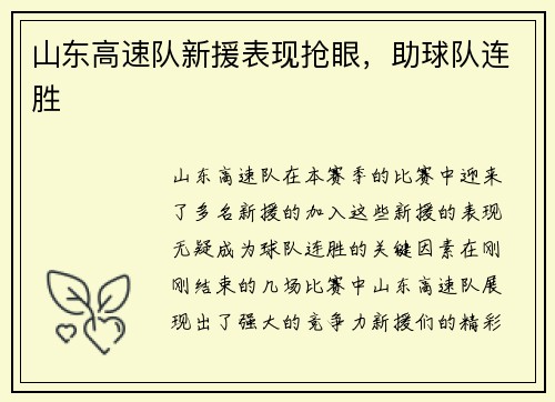 山东高速队新援表现抢眼，助球队连胜