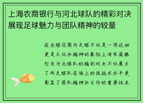 上海农商银行与河北球队的精彩对决展现足球魅力与团队精神的较量
