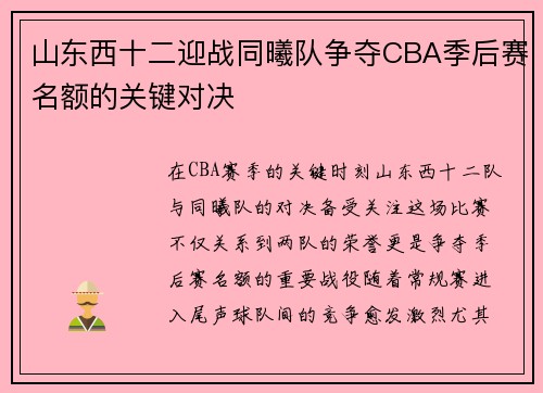 山东西十二迎战同曦队争夺CBA季后赛名额的关键对决